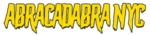 ABRACADABRA NYC logo in jagged yellow lettering on a black background.