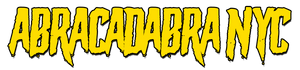 ABRACADABRA NYC logo in jagged yellow lettering on a black background.